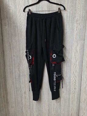 FY Forever Young Techwear Hip Hop Black Cargo Jogger Pants Red Accents Mens L
